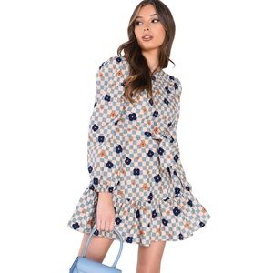 Glamorous Floral Checkered Long Balloon Sleeve Mini Dress Ruffle Hem Belt Tie